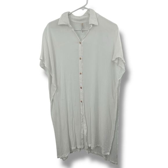 Raisins Swim Coverup Dress Size Medium White Sheer Gauze Crinkle Collared Beach - Picture 3 of 10